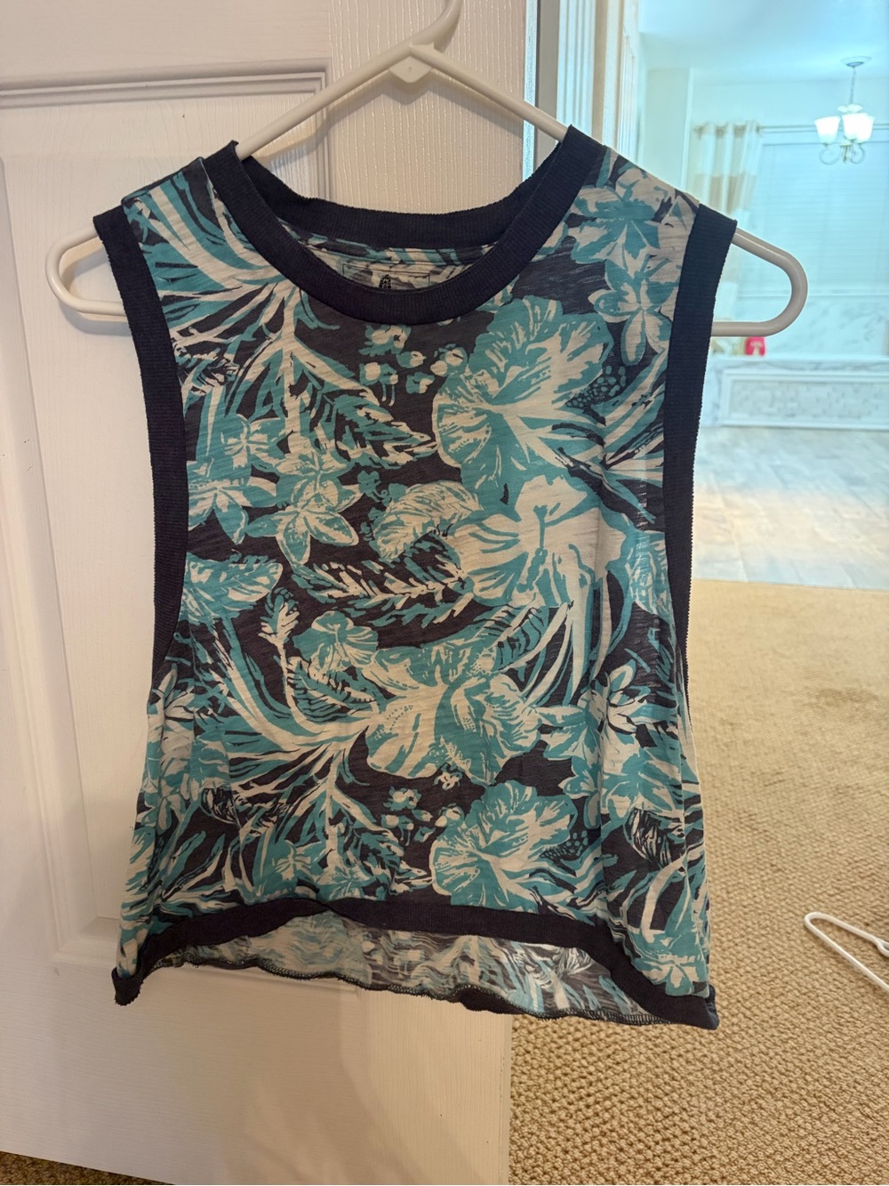 Free People Movement Printed Love Tank EUC navy blue and teal floral palm M